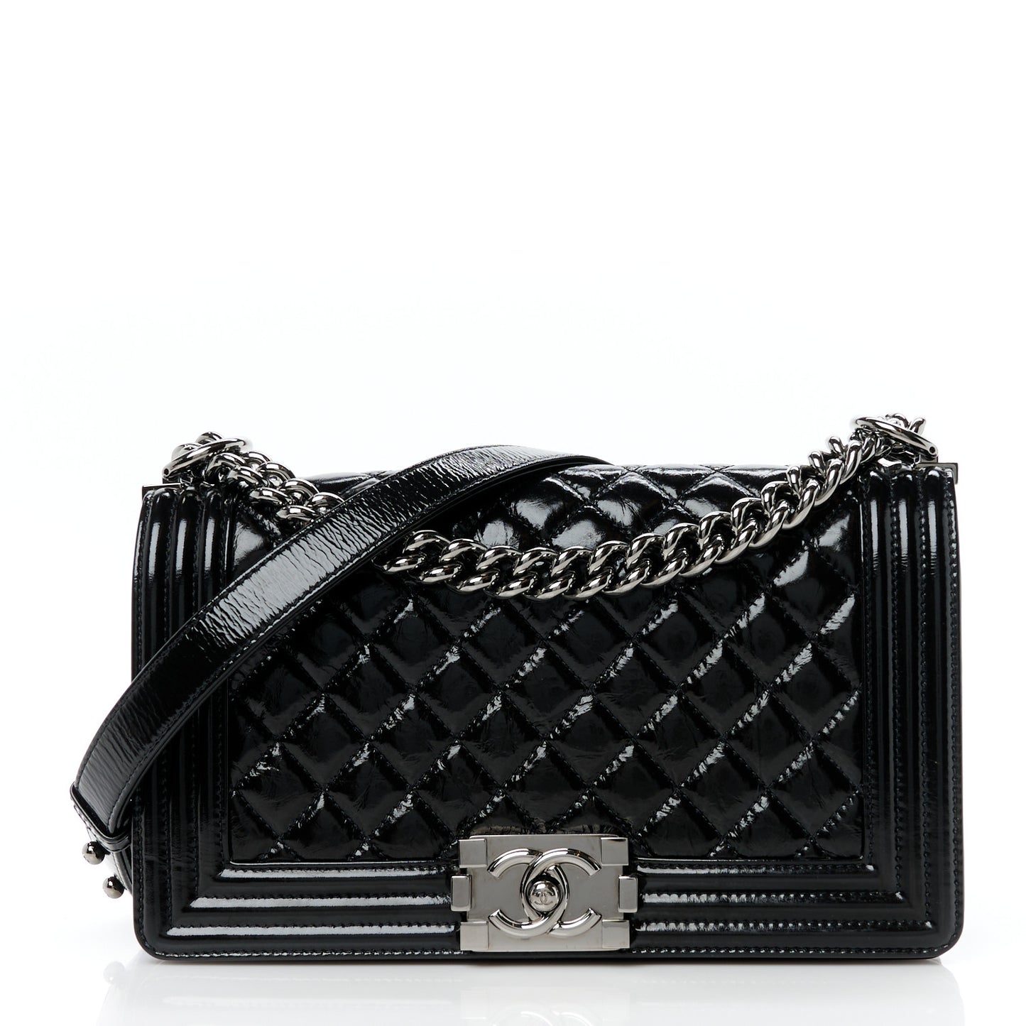 Distressed Patent Quilted Medium Boy Flap Black