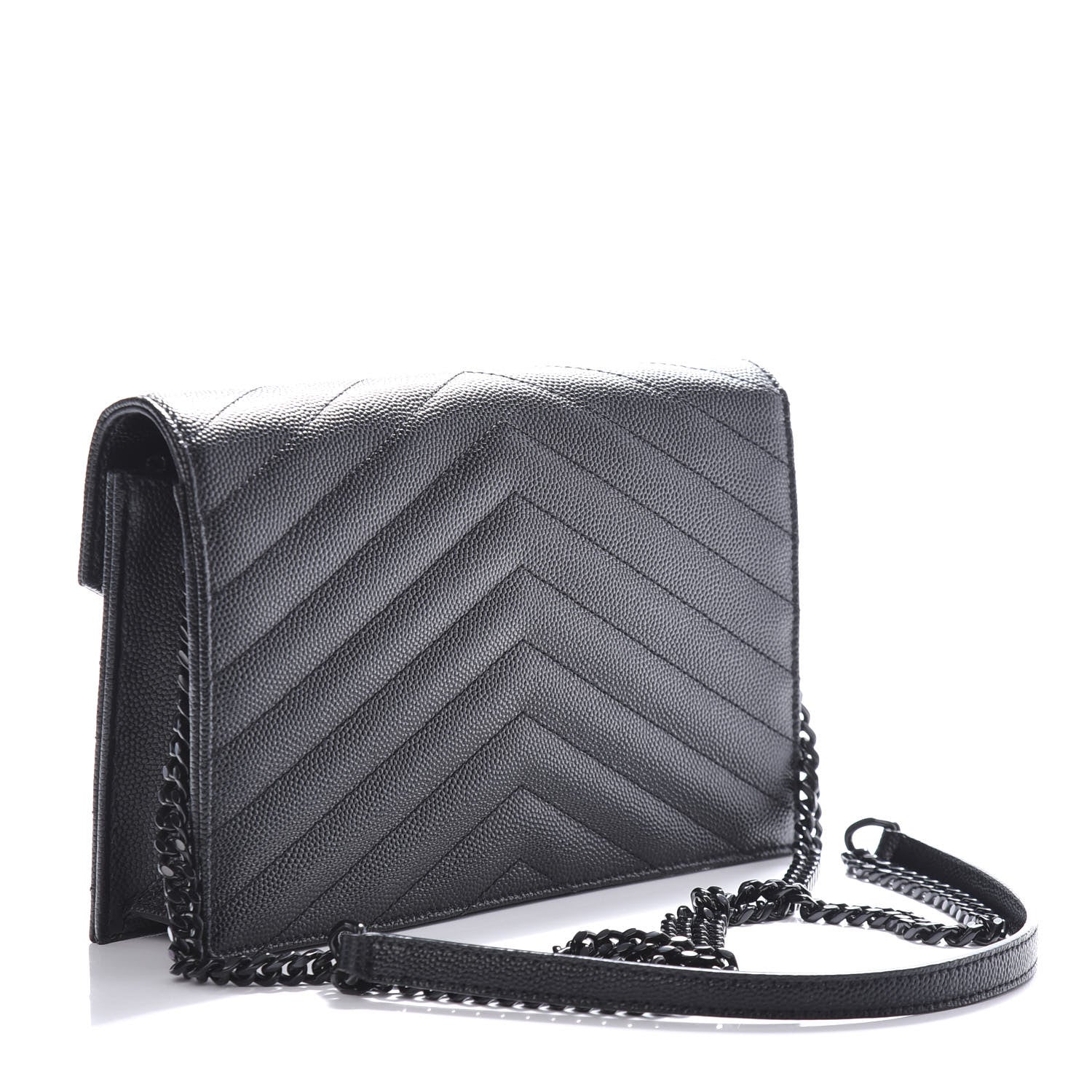 Saint Laurent Grain De Poudre Matelasse Chevron Monogram Envelope Chain Wallet Black 3 of 10