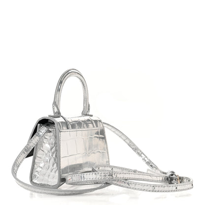 Balenciaga Metallic Calfskin Crocodile Embossed Hourglass Top Handle Bag Mini Silver 3 of 10