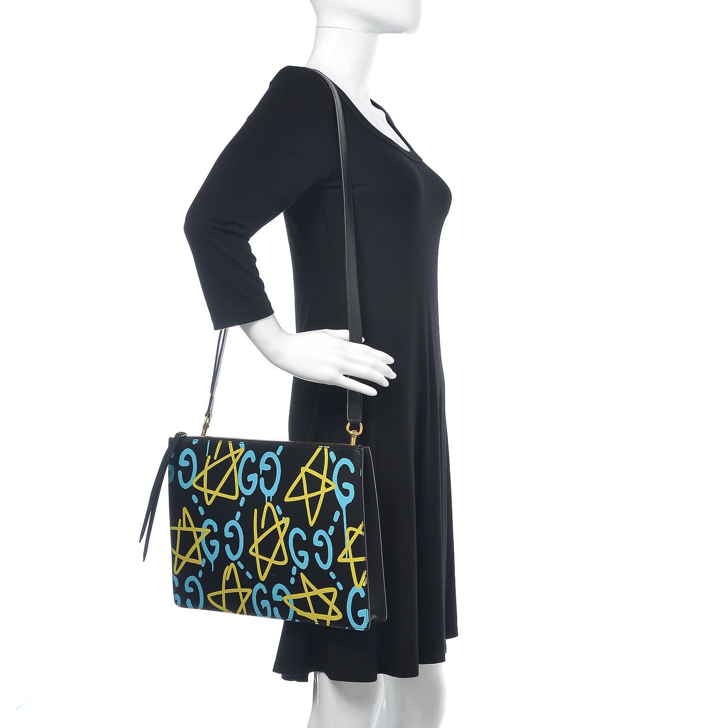 Calfskin GucciGhost Print GG Messenger Bag Black New Acquamarine
