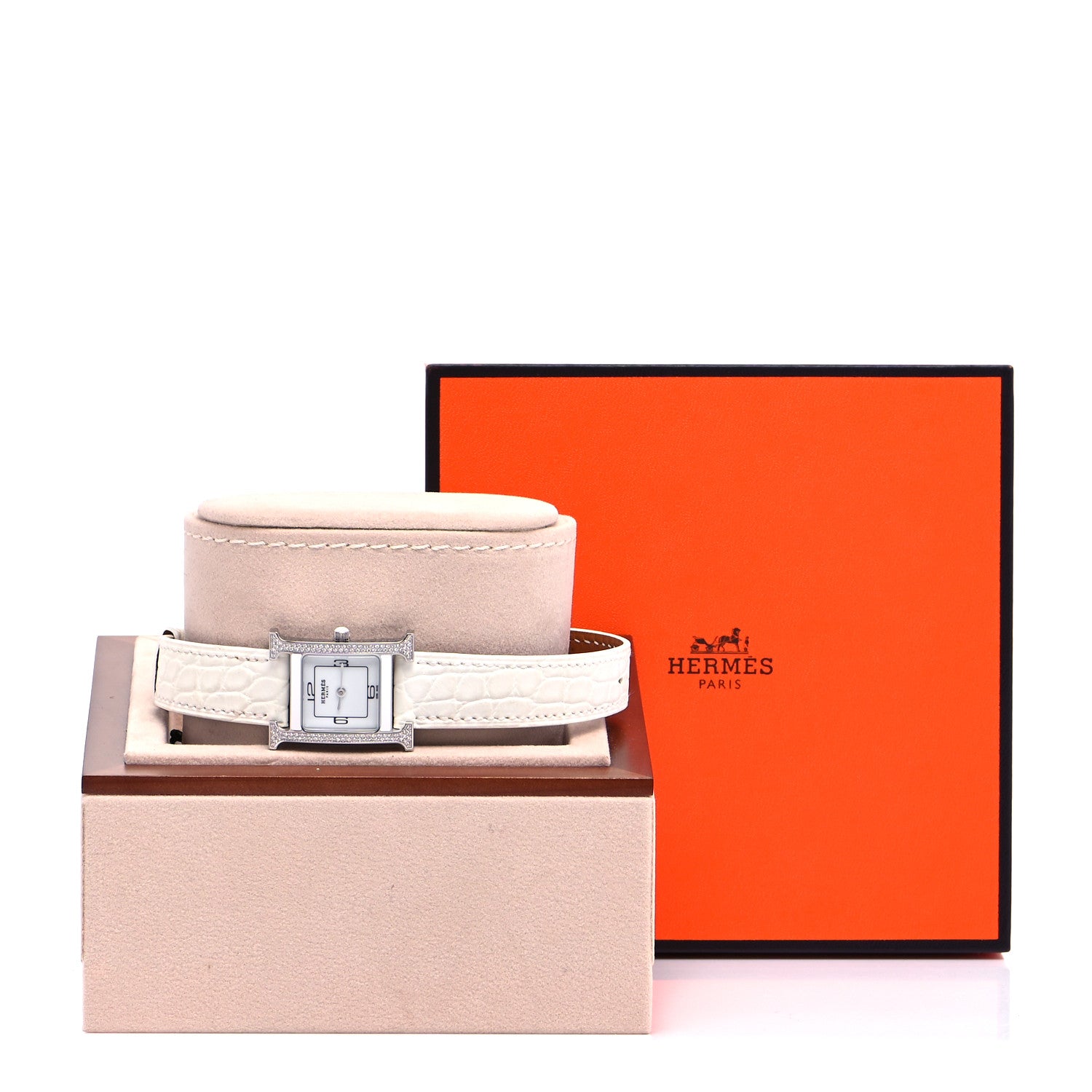 Hermes Stainless Steel Alligator Diamond Lacquer 21mm Heure H Hour Double Jeu Quartz Watch Blanc 7 of 7