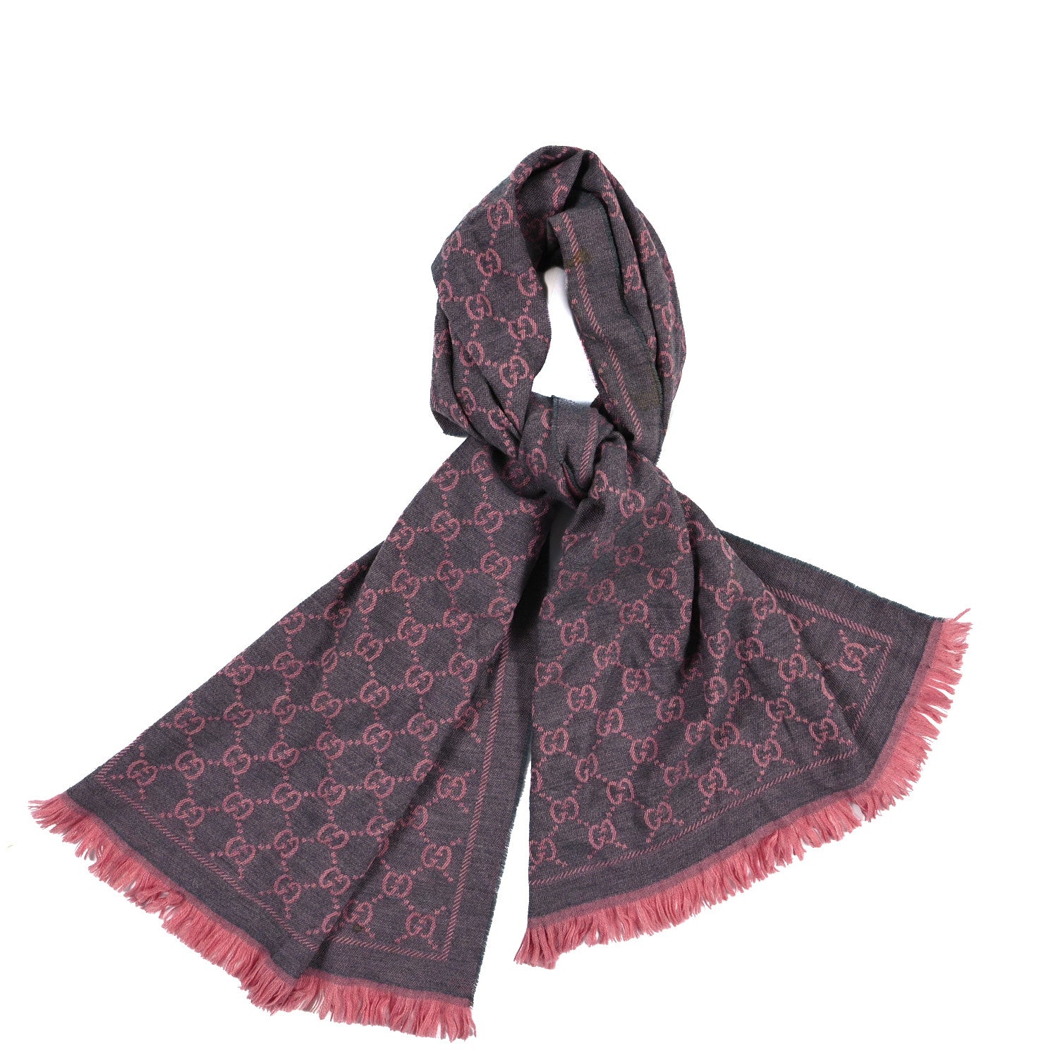 Gucci Wool Jacquard GG Monogram Sten Fringe Scarf Graphite Pink 1 of 7