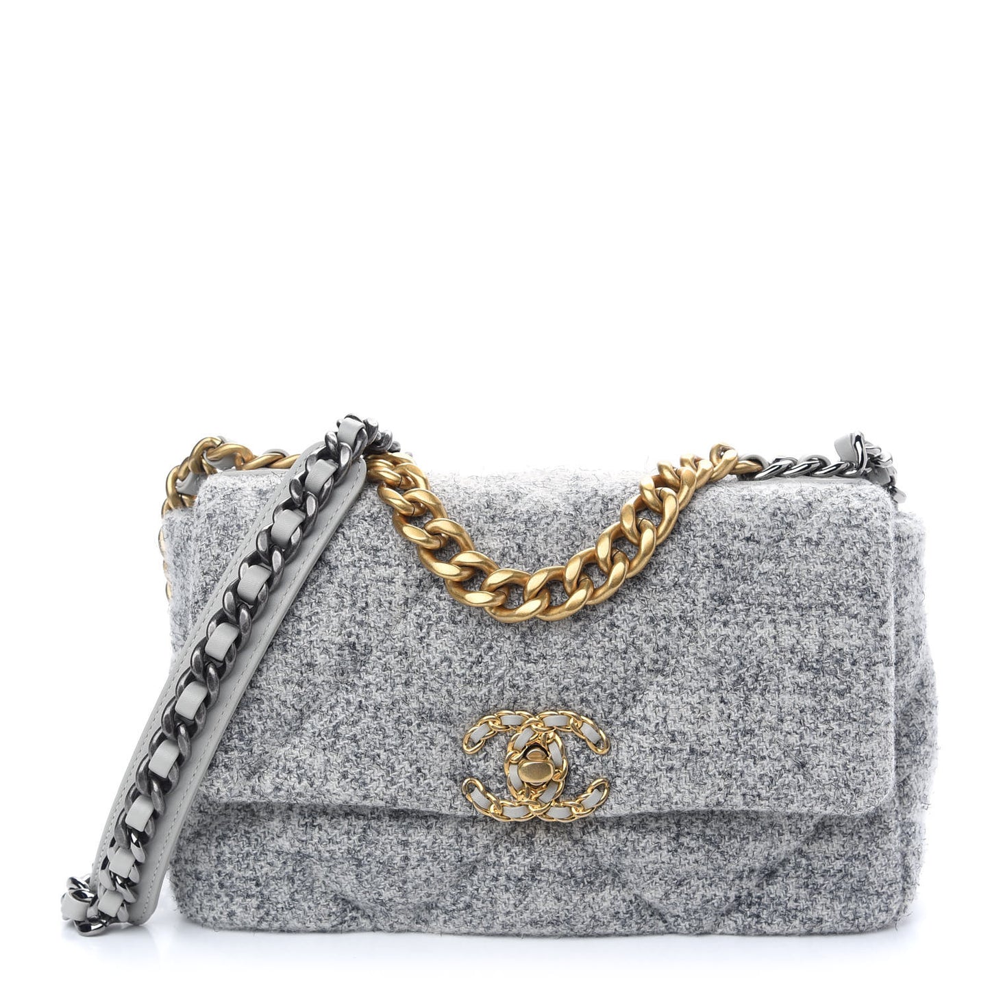 Tweed Quilted Medium Chanel 19 Flap Grey Ecru