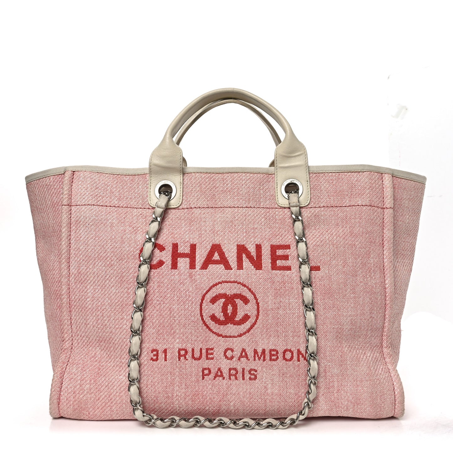 Woven Straw Raffia Medium Deauville Tote Pink White