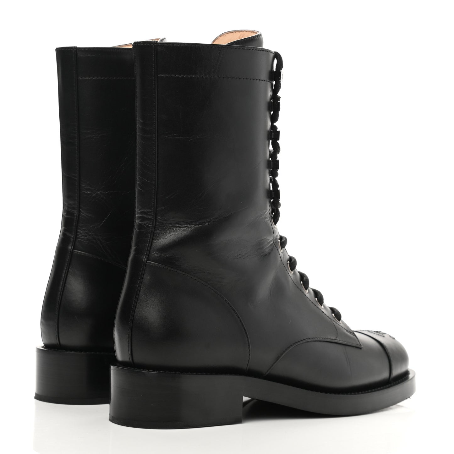Crumpled Lambskin Shiny Calfskin Lace Up Combat Boots 37 Black