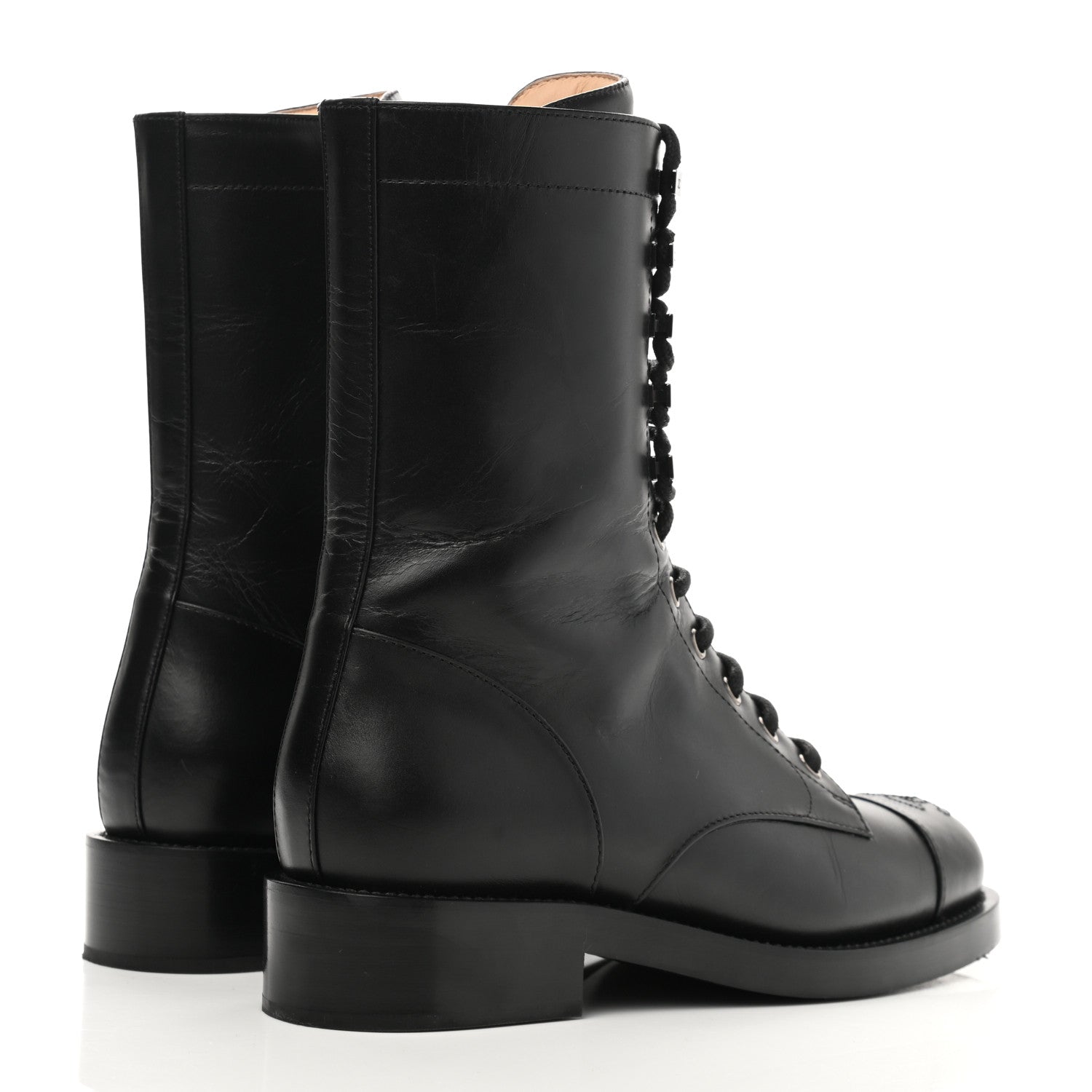 Chanel Crumpled Lambskin Shiny Calfskin Lace Up Combat Boots 37 Black 4 of 9