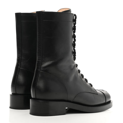 Chanel Crumpled Lambskin Shiny Calfskin Lace Up Combat Boots 37 Black 4 of 9