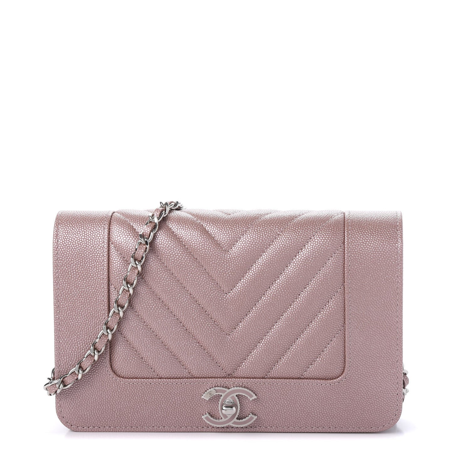 Metallic Caviar Chevron Quilted Vintage Mademoiselle Wallet On Chain WOC Pink