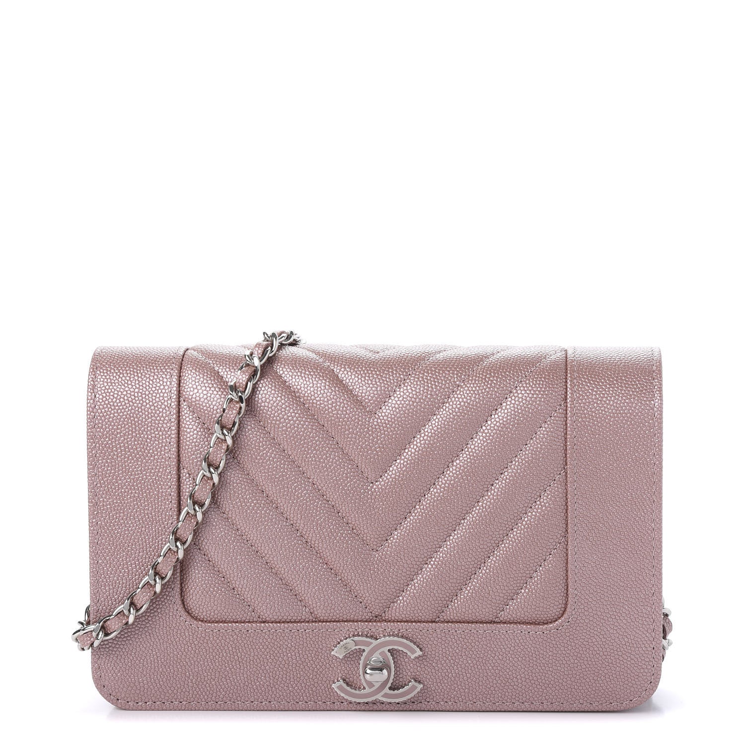 Chanel Metallic Caviar Chevron Quilted Vintage Mademoiselle Wallet On Chain WOC Pink 1 of 10