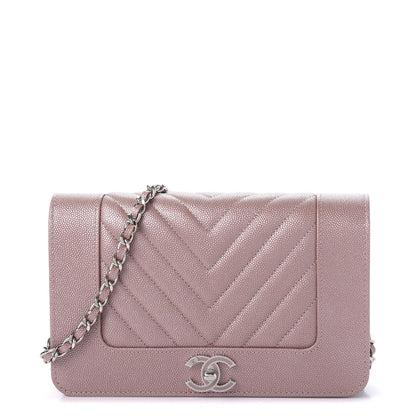 Chanel Metallic Caviar Chevron Quilted Vintage Mademoiselle Wallet On Chain WOC Pink 1 of 10