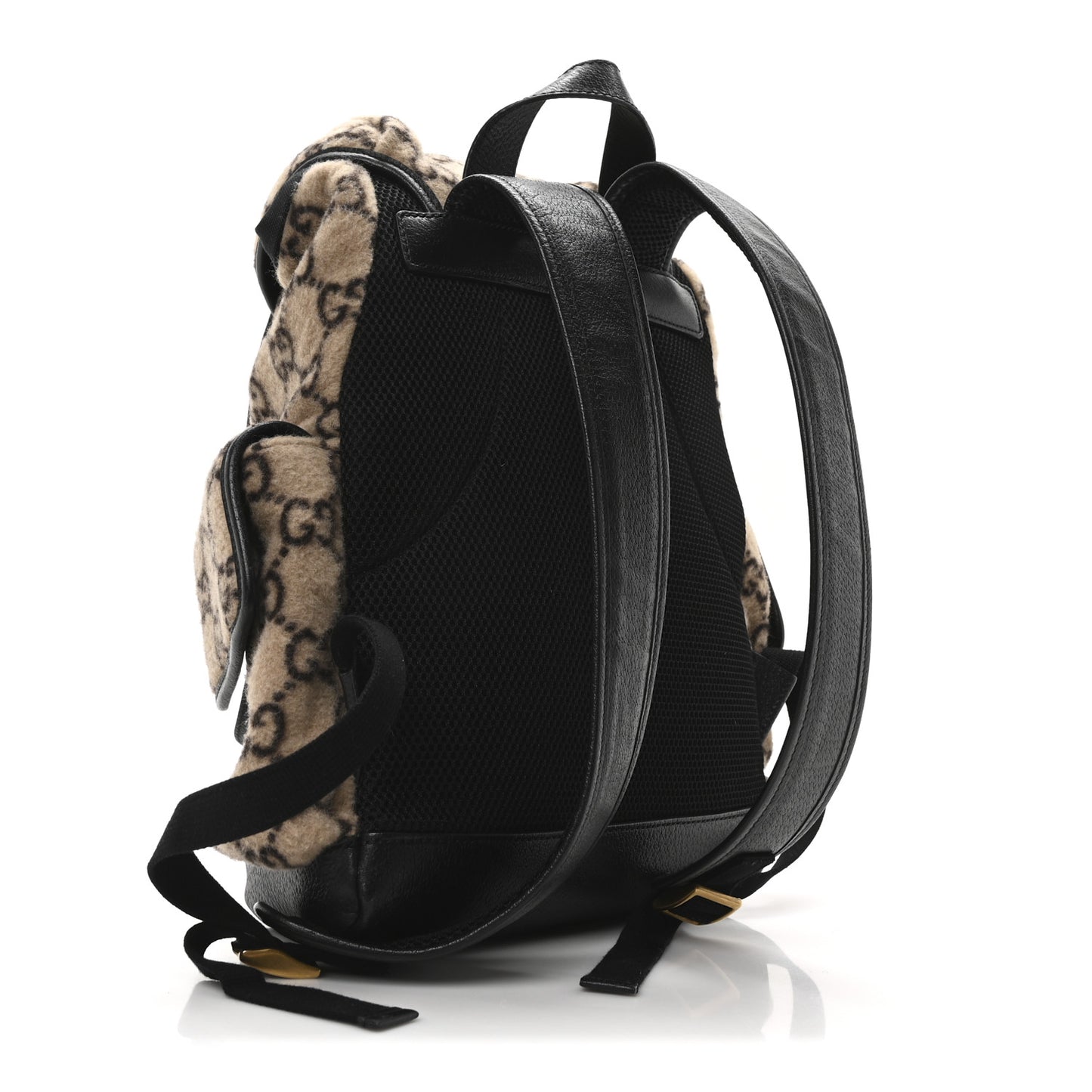 Covered Wool GG Monogram Large Double Buckle Backpack Beige Ebony Black