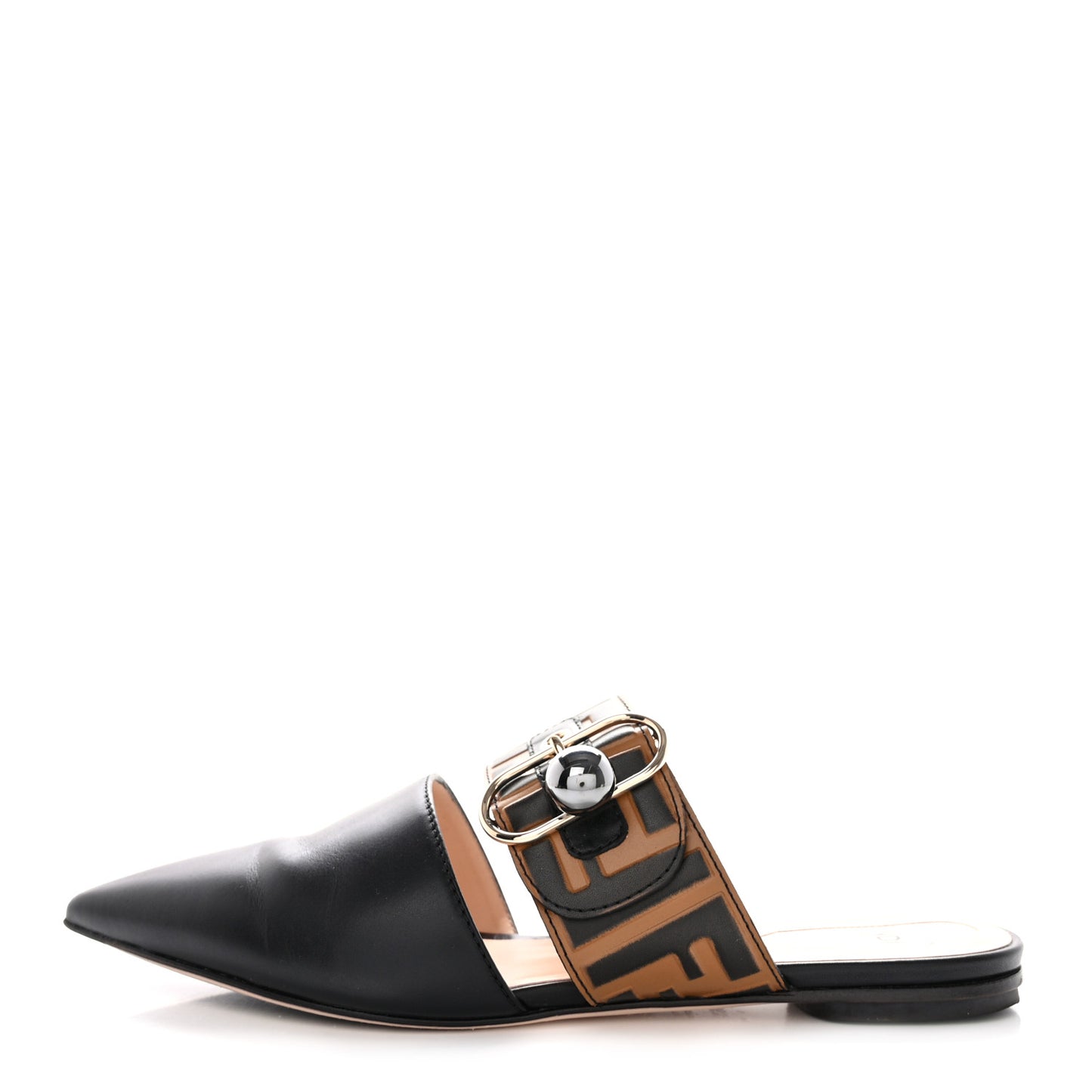 Vitello FF Embossed Buckle Flat Mules 36.5 Maya Black