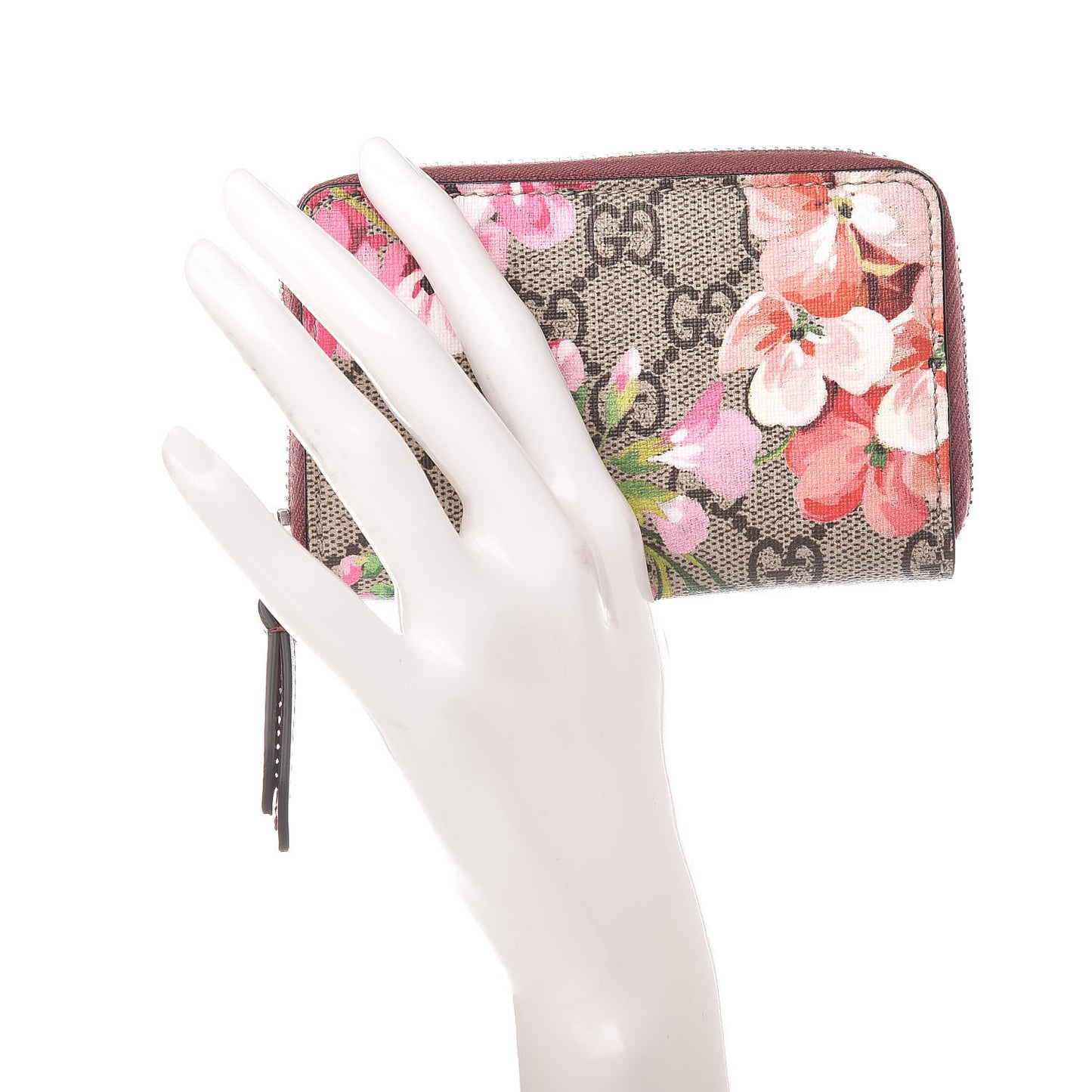 GG Supreme Monogram Blooms Zip Around Card Case Wallet Beige Multicolor Dry Rose