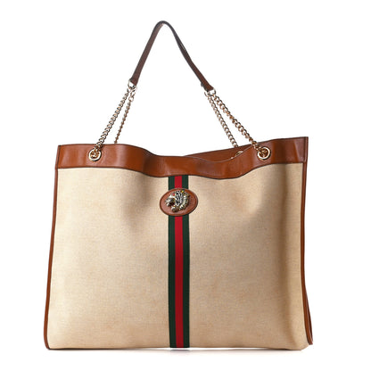 Gucci Vintage Canvas Calfskin Web Maxi Rajah Chain Tote Sand Light Cuir 3 of 15