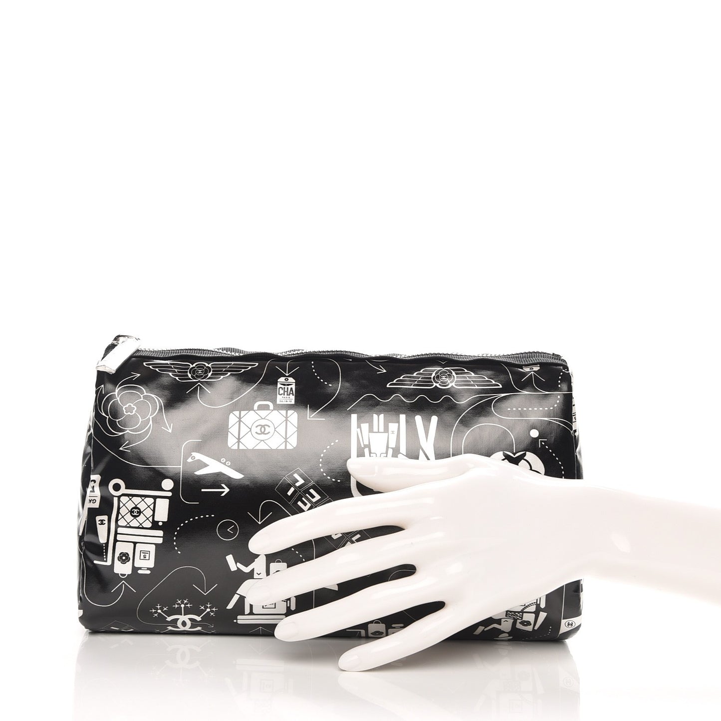 Coated Canvas Airline Cosmetic Pouch Black White