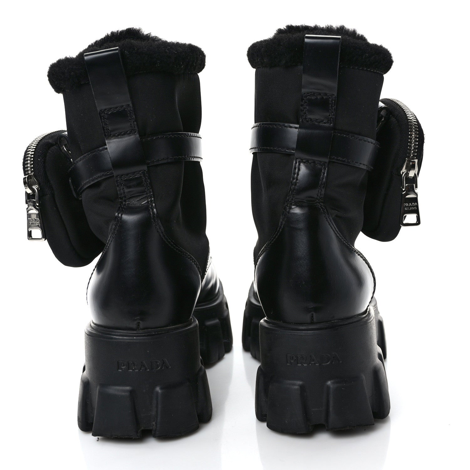 Prada Spazzolato Rois Nylon Shearling Metal Triangle Logo Monolith Pouch Pocket 55mm Boots 36.5 Black 5 of 11