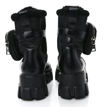 Prada Spazzolato Rois Nylon Shearling Metal Triangle Logo Monolith Pouch Pocket 55mm Boots 36.5 Black 5 of 11