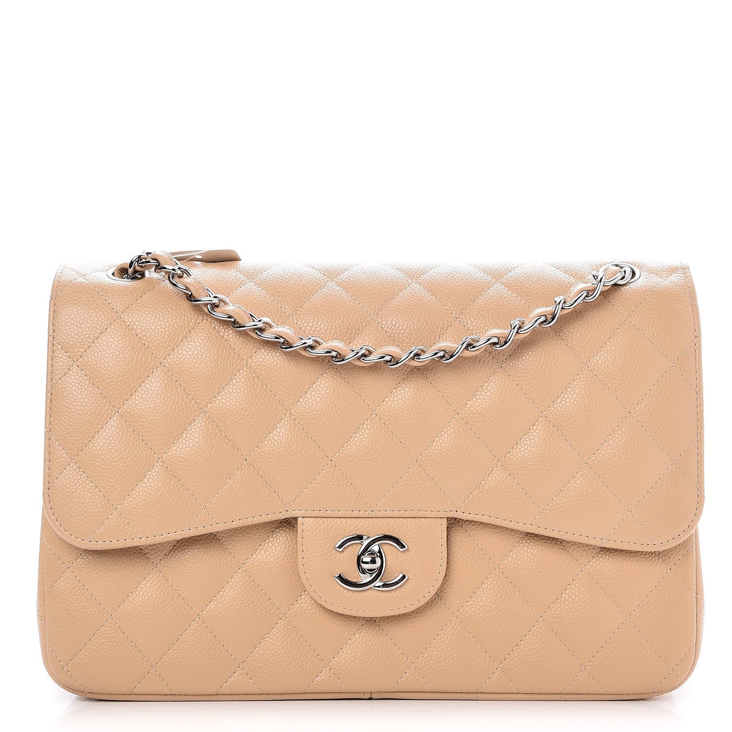 Caviar Quilted Jumbo Double Flap Light Beige