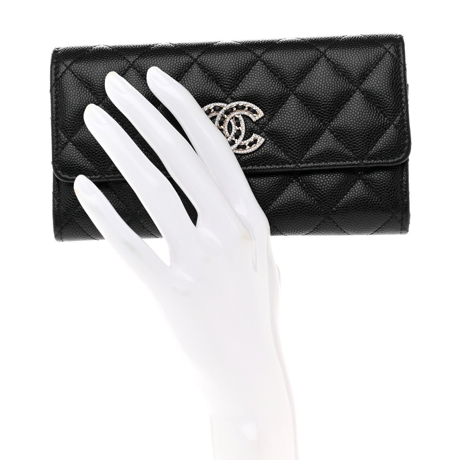 Chanel Caviar Quilted Crystal CC Large Gusset Flap Wallet Black 2 of 9