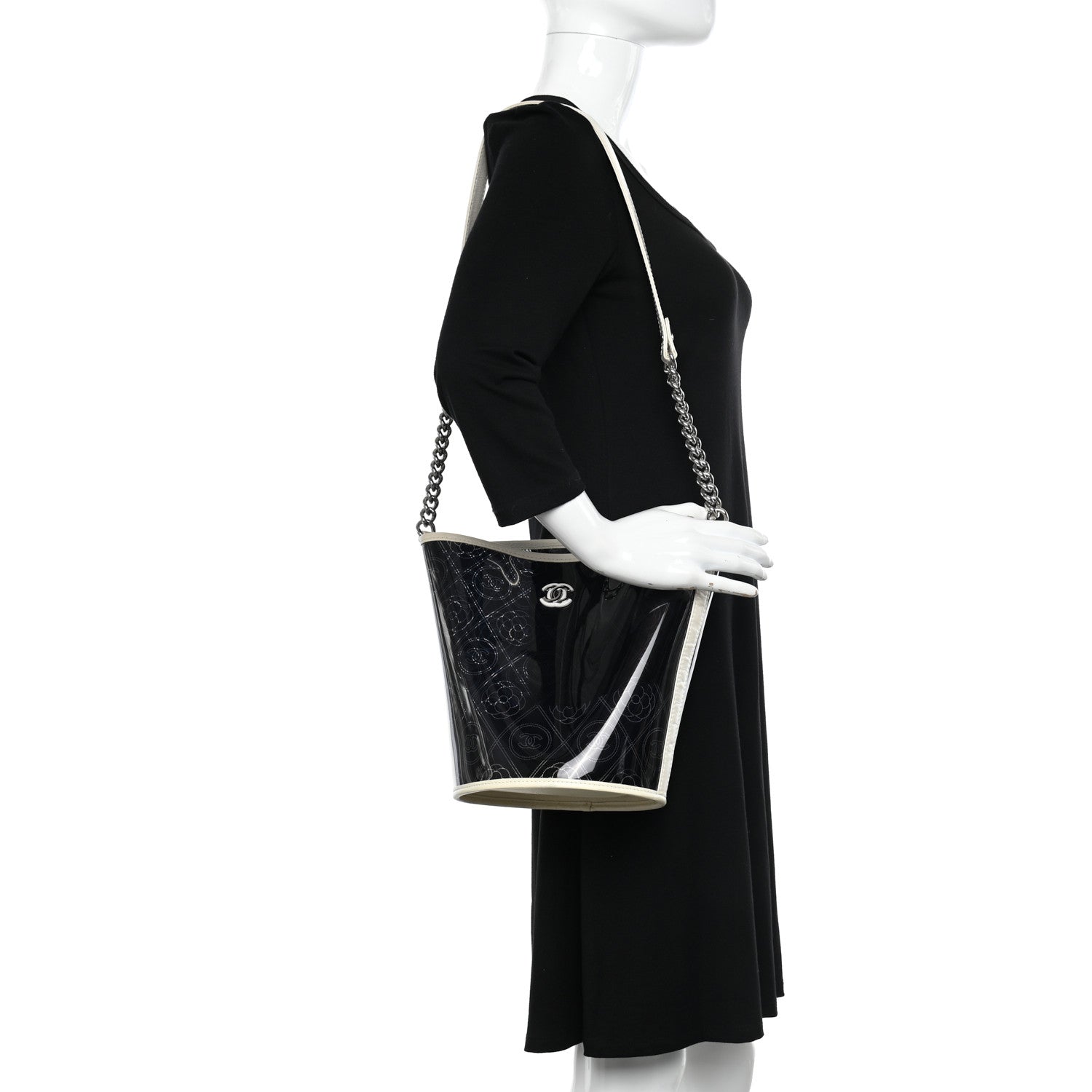 Chanel Crumpled Calfskin PVC Camellia Coco Bucket Bag Black White 2 of 13