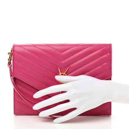 Saint Laurent Grain De Poudre Matelasse Chevron Monogram Envelope Clutch Fuxia Couture 2 of 9