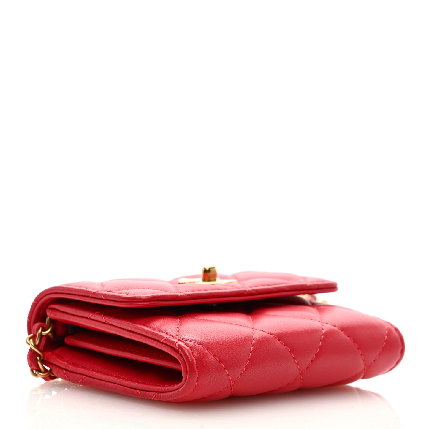 Lambskin Quilted Pearl Crush Card Holder With Chain Red