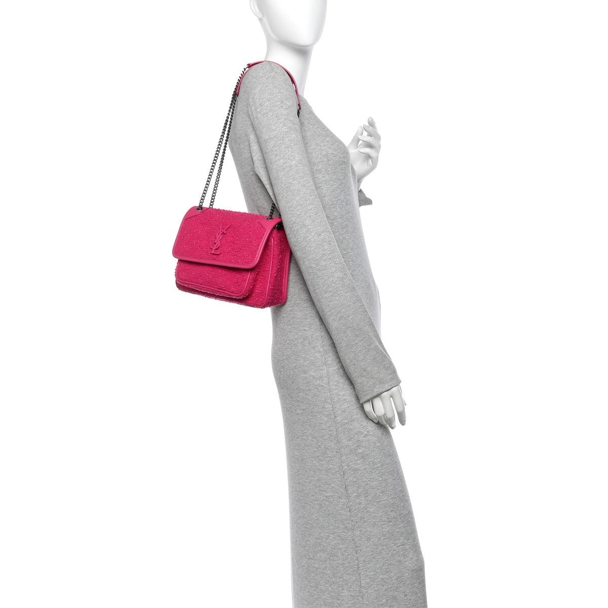 Saint Laurent Boucle Tweed Monogram Baby Niki Chain Satchel Pink 2 of 11