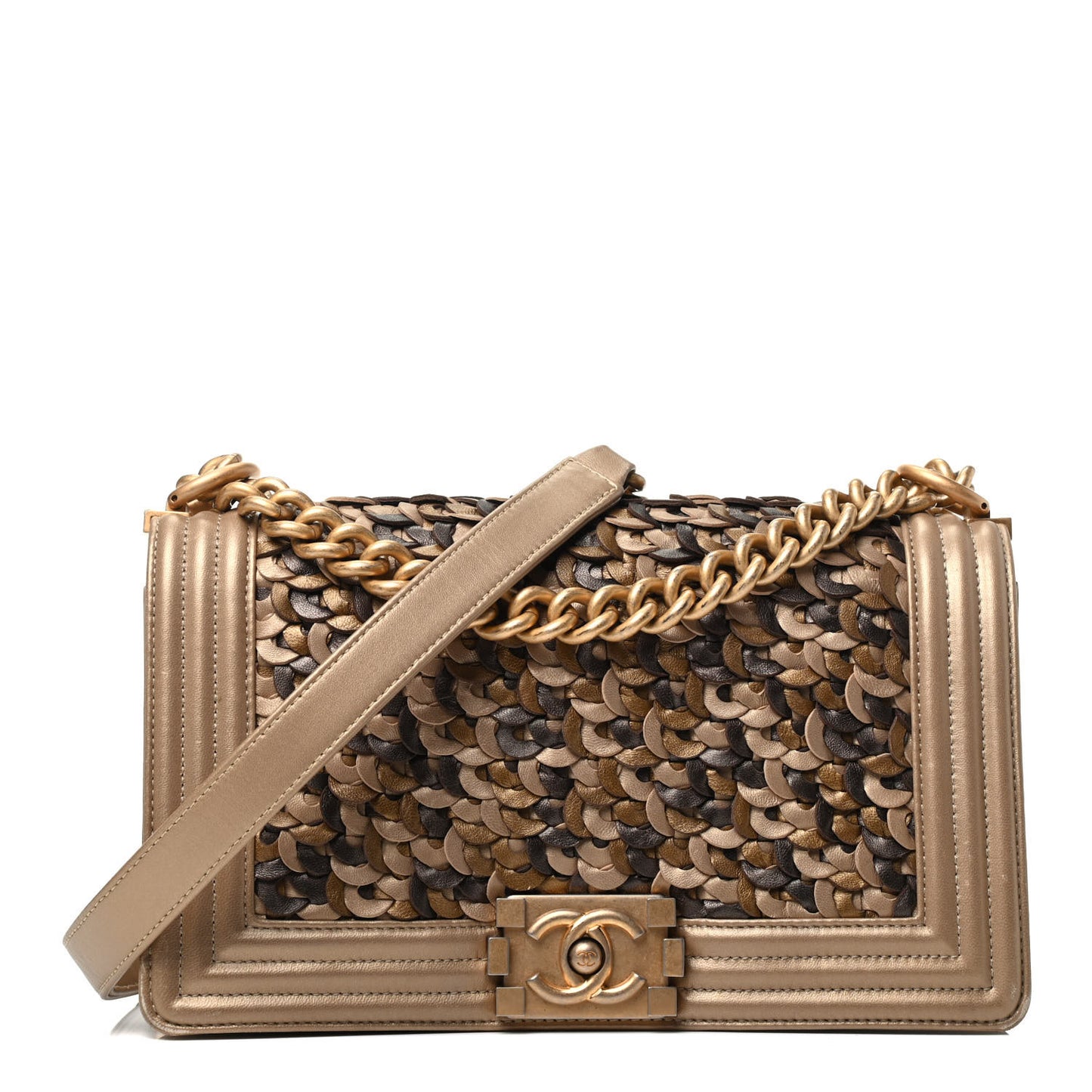 Metallic Lambskin Medium Scaled Boy Flap Gold