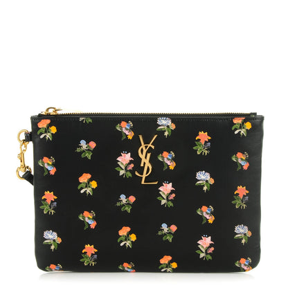 Saint Laurent Calfskin Prairie Flower Printed Monogram Pouch Black Multicolor 1 of 7