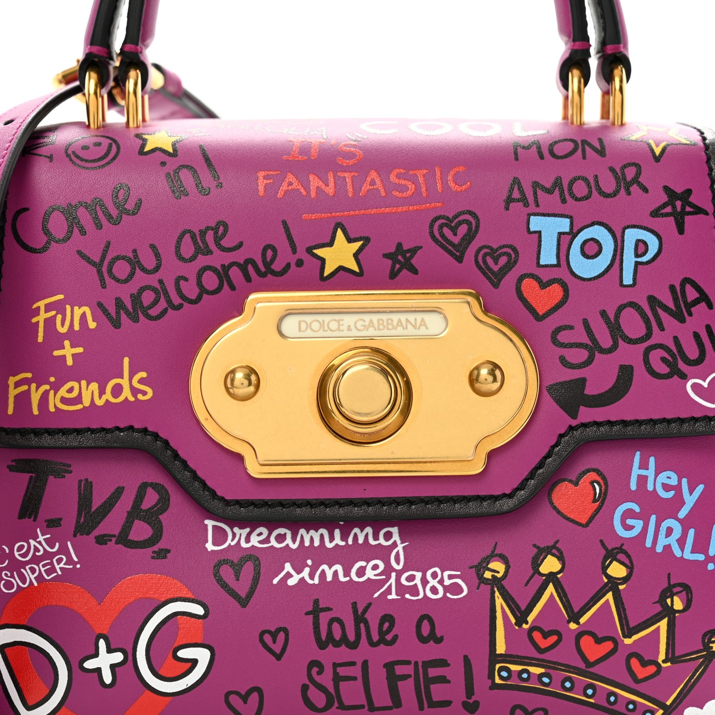 Calfskin Graffiti Printed Welcome Satchel Purple Black