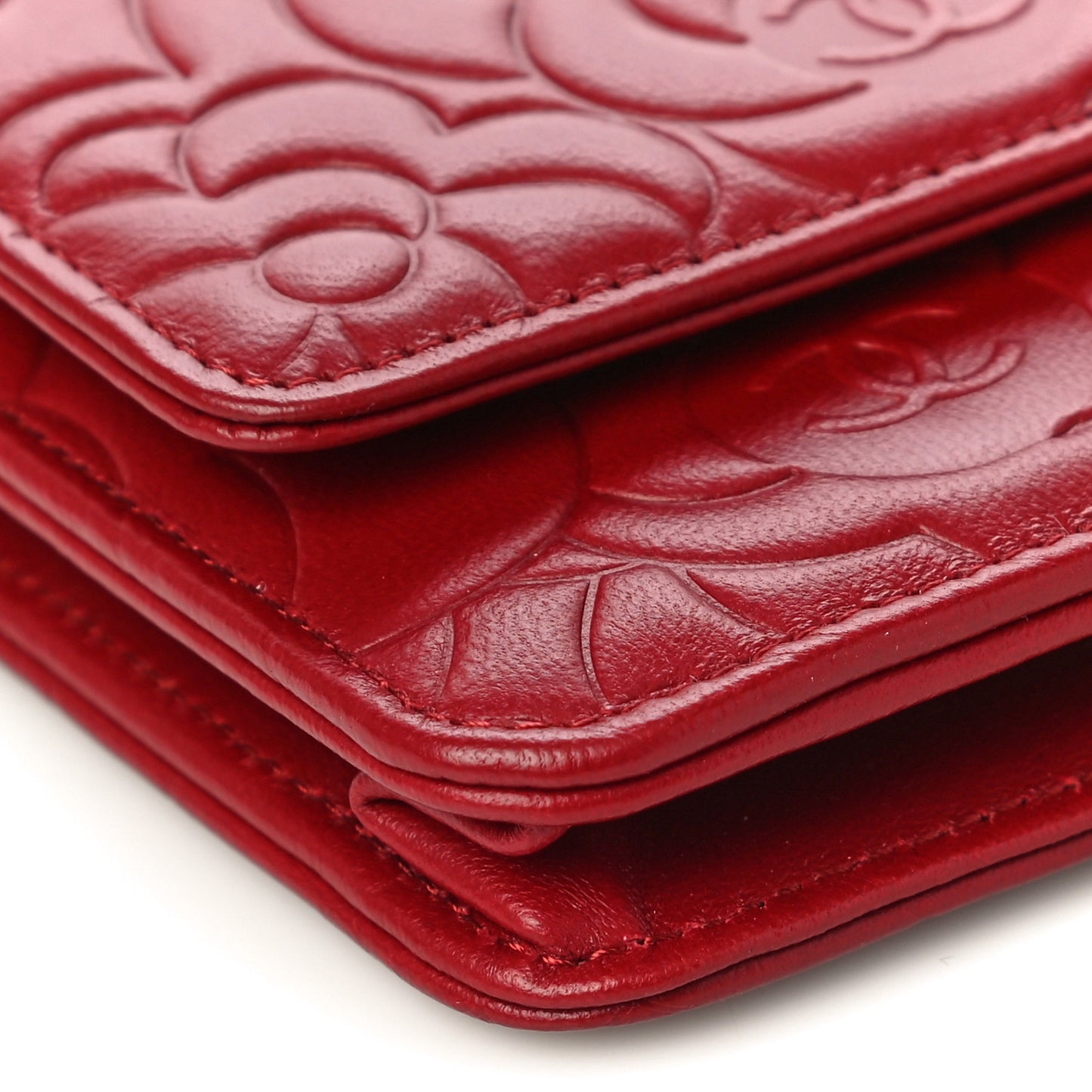 Lambskin Camellia Embossed Wallet On Chain WOC Red
