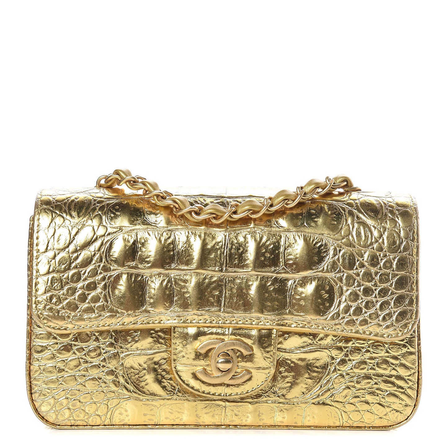 Metallic Calfskin Crocodile Embossed Cocodile Rectangular Mini Flap Gold