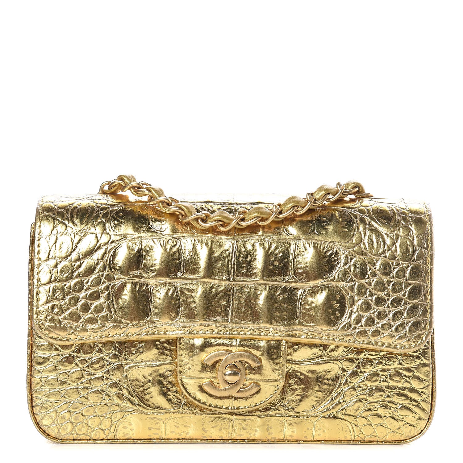 Chanel Metallic Calfskin Crocodile Embossed Cocodile Rectangular Mini Flap Gold 1 of 10