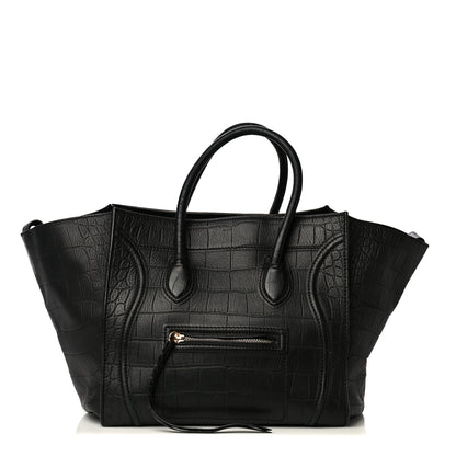 Celine Crocodile Embossed Calfskin Medium Phantom Luggage Black 1 of 9