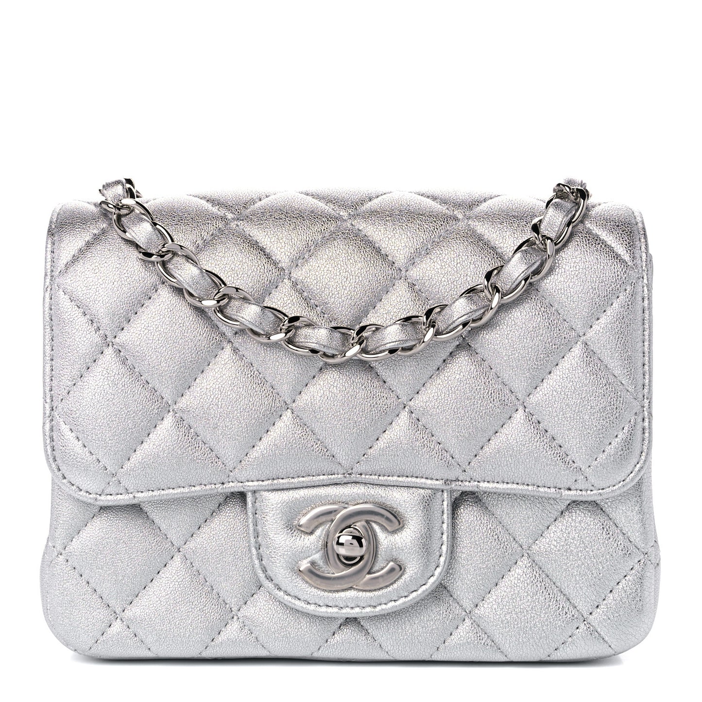 Metallic Lambskin Quilted Mini Square Flap Silver