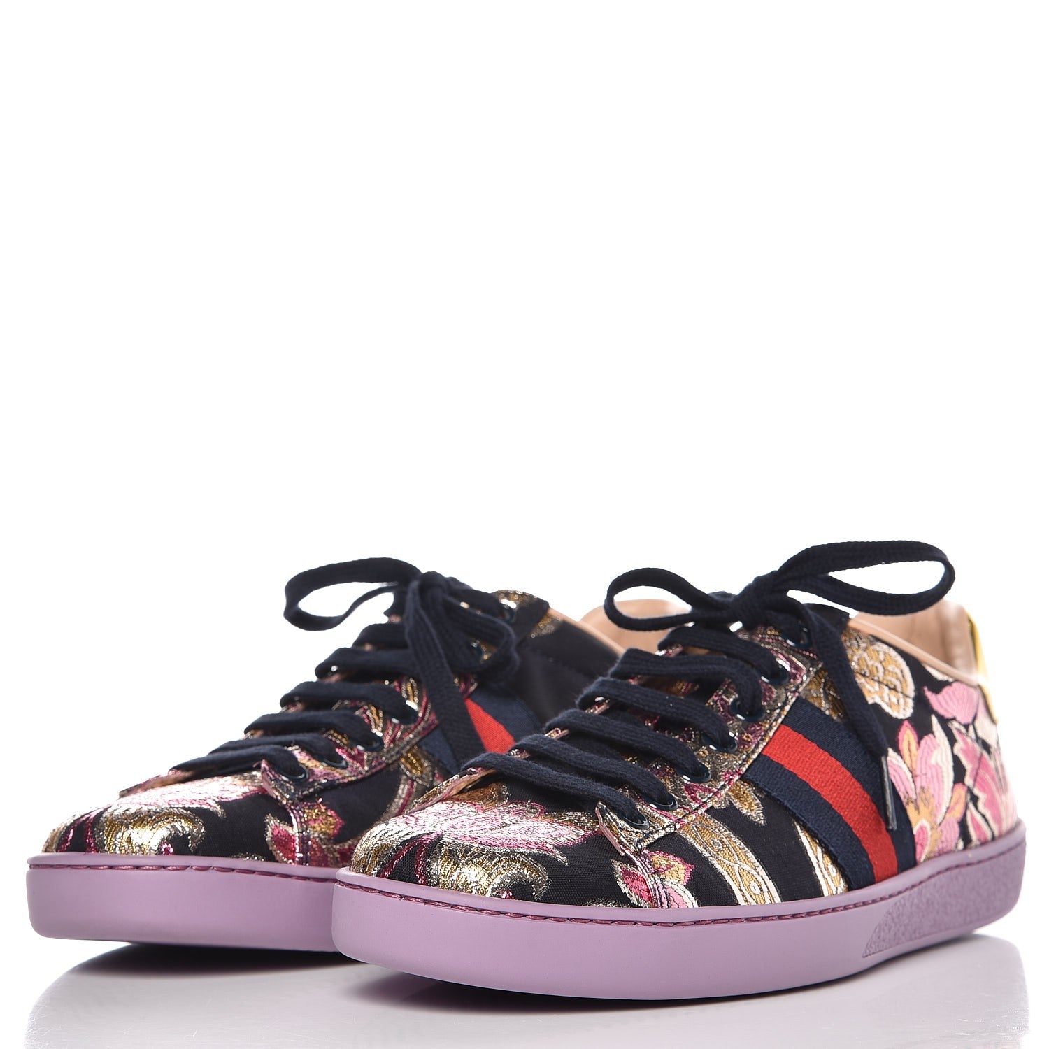 Gucci Lurex Brocade Web Nappa Womens Ace Sneakers 37.5 Black Pink Oro Vecchio 2 of 9