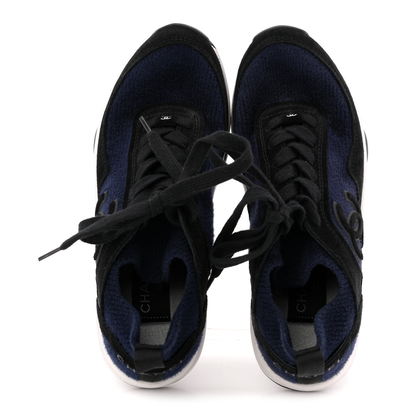 Knit Fabric Suede Calfskin Womens CC Sneakers 36 Navy Black