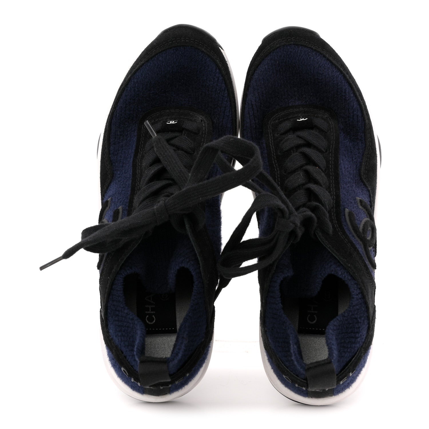 Chanel Knit Fabric Suede Calfskin Womens CC Sneakers 36 Navy Black 2 of 8