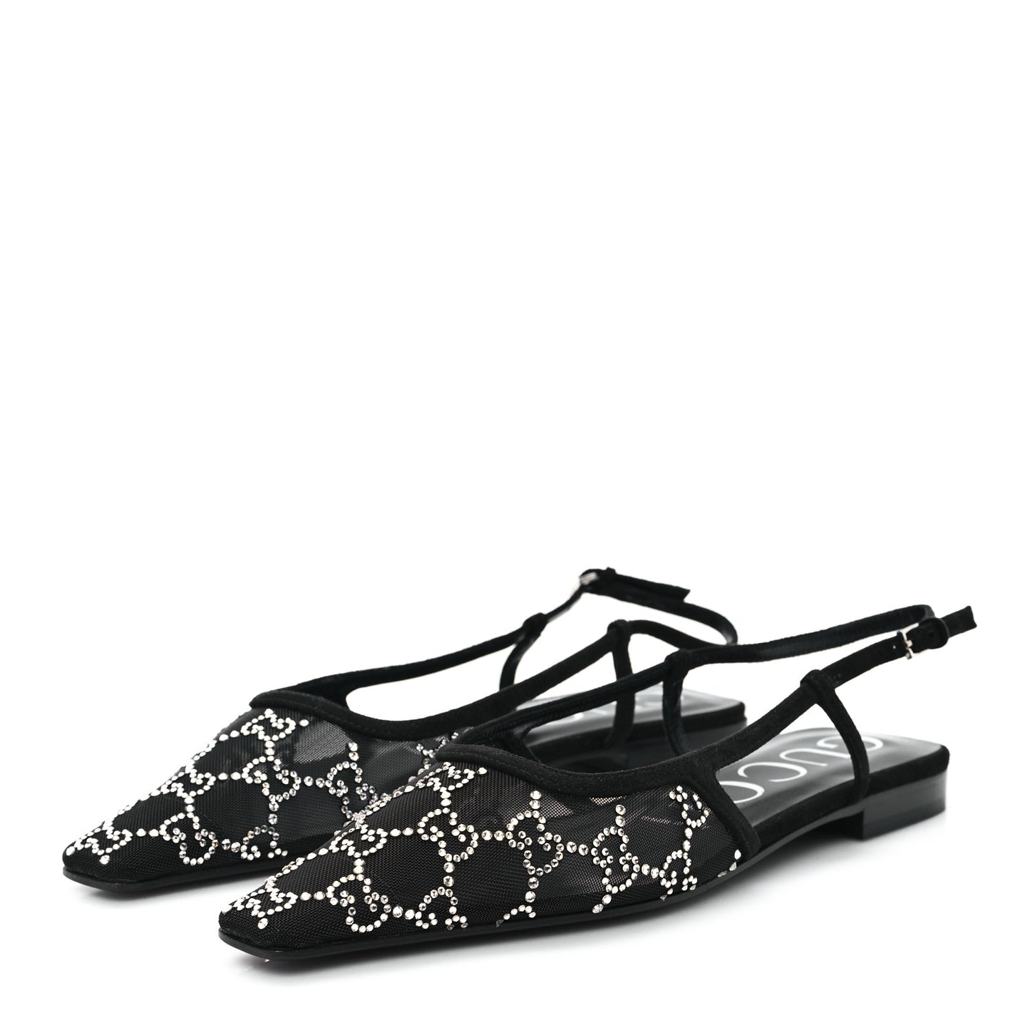 Tela Retino Kid Scamosciato Crystal GG Monogram Square Demi Ballet Flats 38 Black