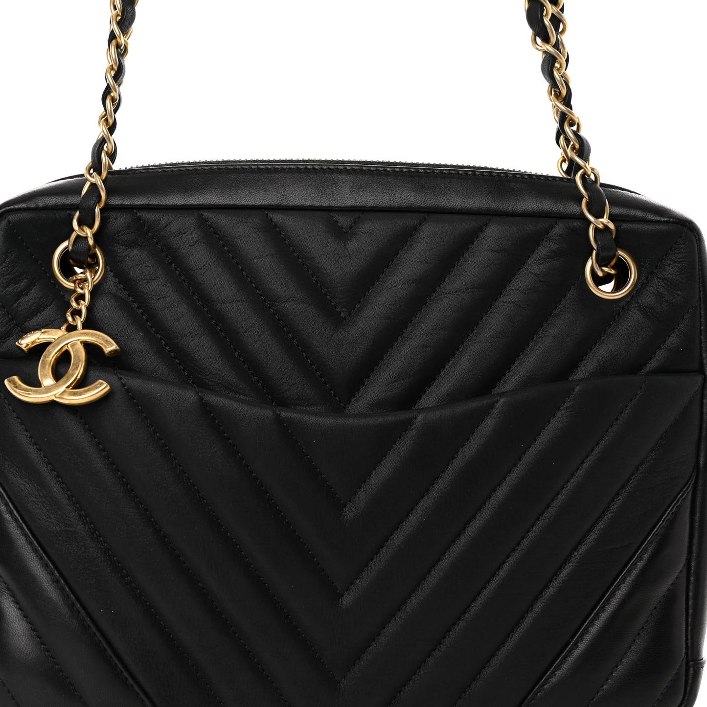 Iridescent Calfskin Lambskin Chevron Quilted Camera Case Black