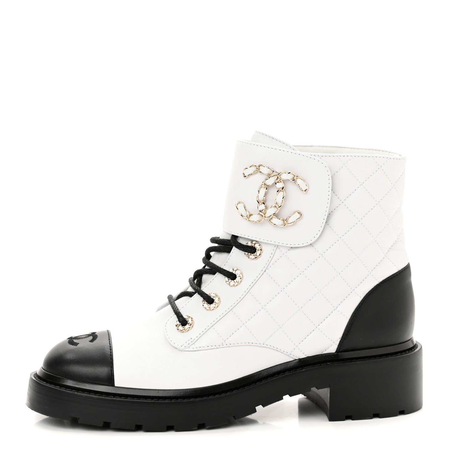 Shiny Lambskin Quilted Lace Up Combat Boots 39.5 White Black