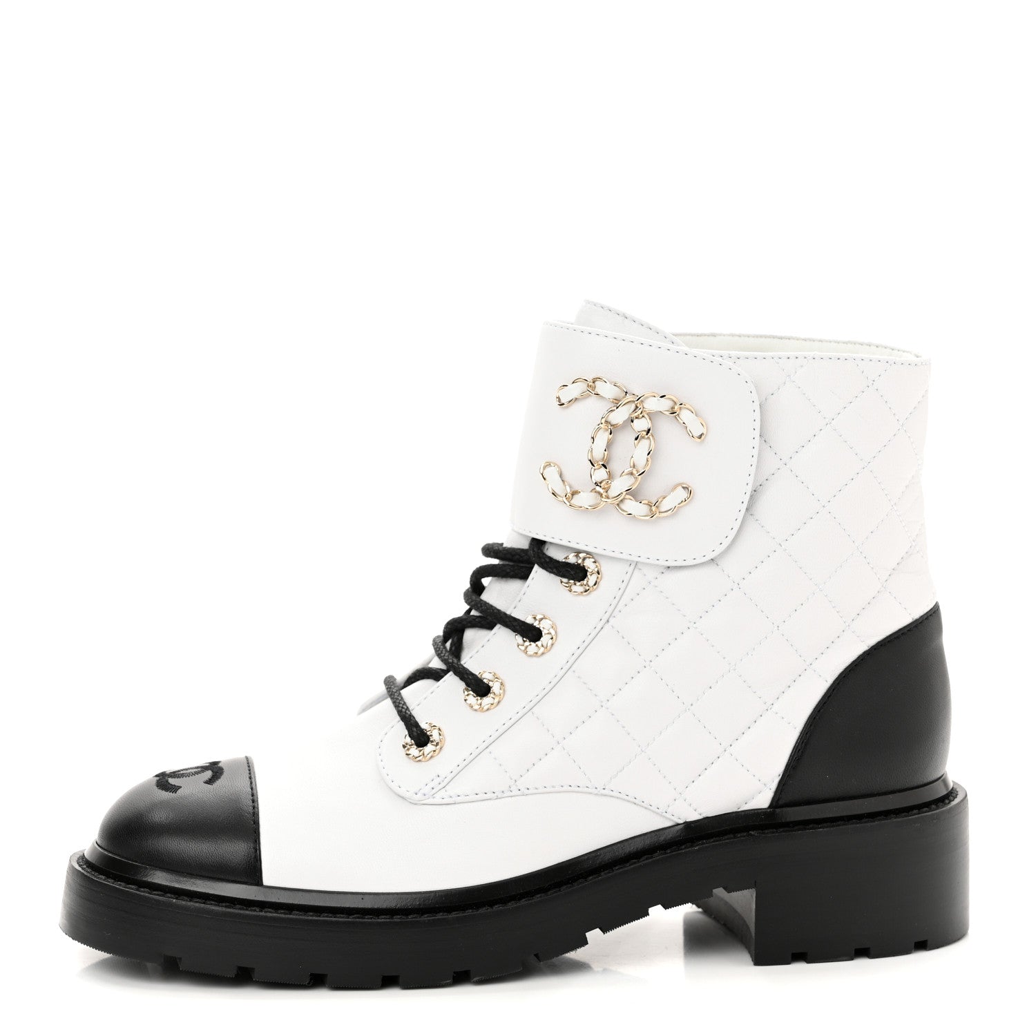 Chanel Shiny Lambskin Quilted Lace Up Combat Boots 39.5 White Black 1 of 8