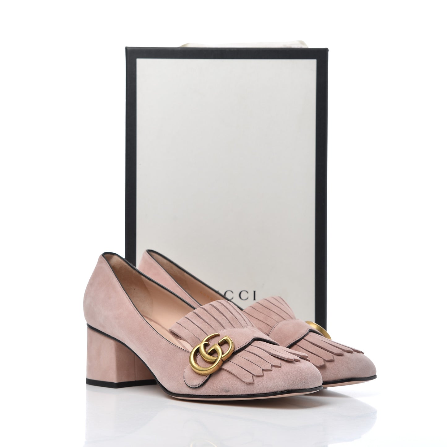 Kid Scamosciato GG Marmont Fringe 50mm Loafer Pumps 39 Crystal Pink