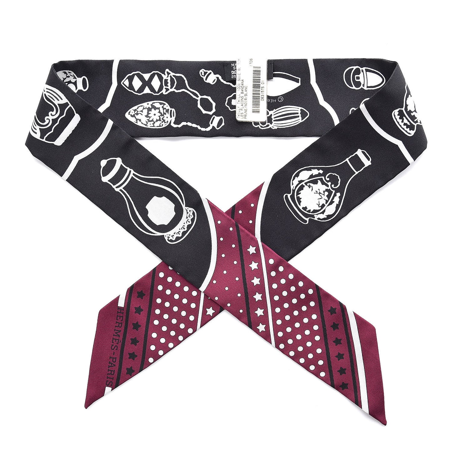 Silk Les Flacons Bandana Twilly Prune Black White