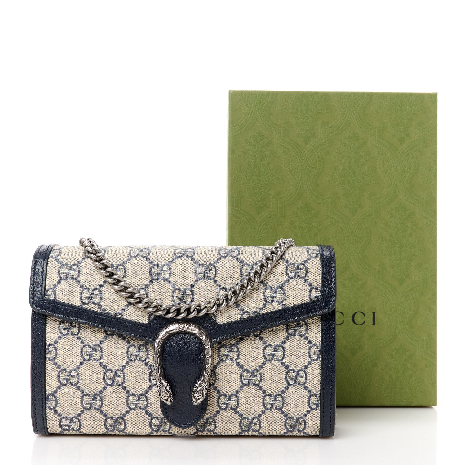 Gucci GG Supreme Monogram Textured Dollar Calfskin Mini Dionysus Chain Wallet Beige Blue 11 of 11