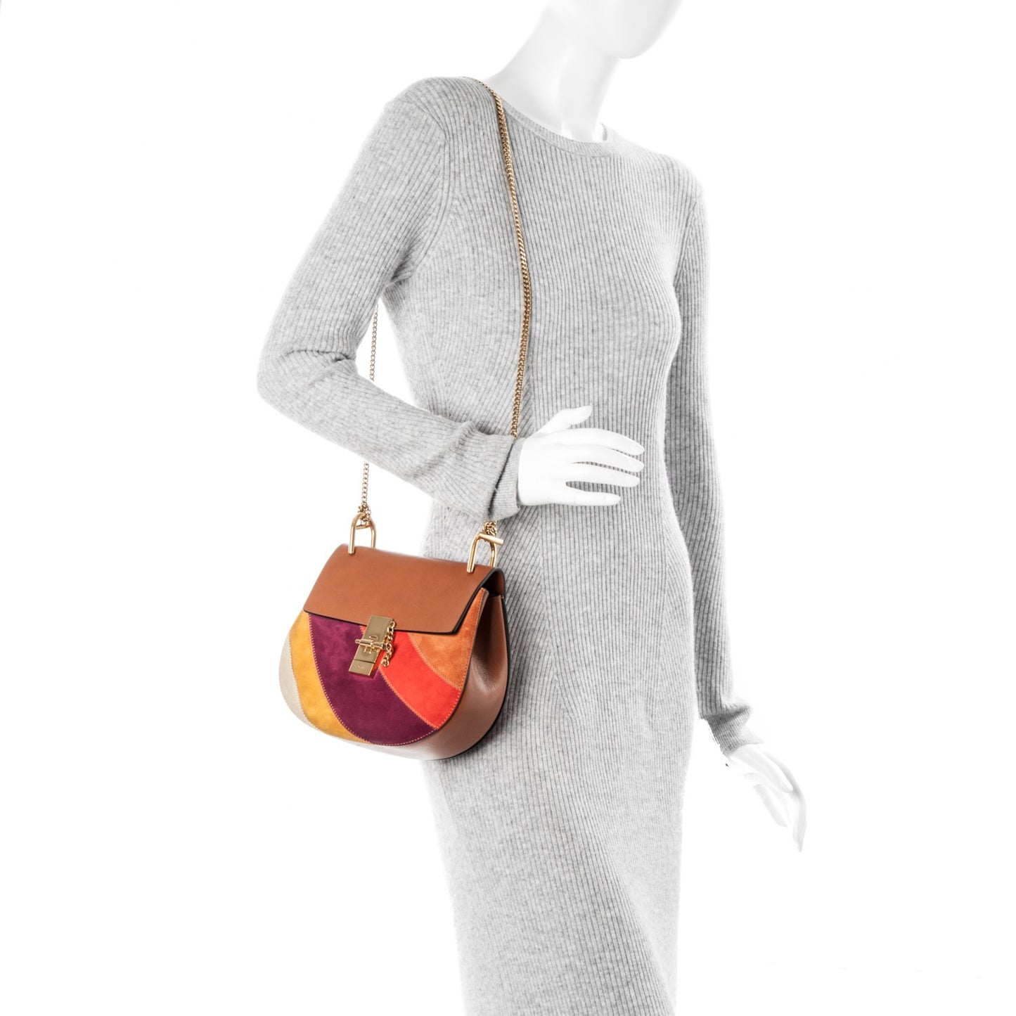 Calfskin Suede Rainbow Patchwork Drew Shoulder Bag Caramel