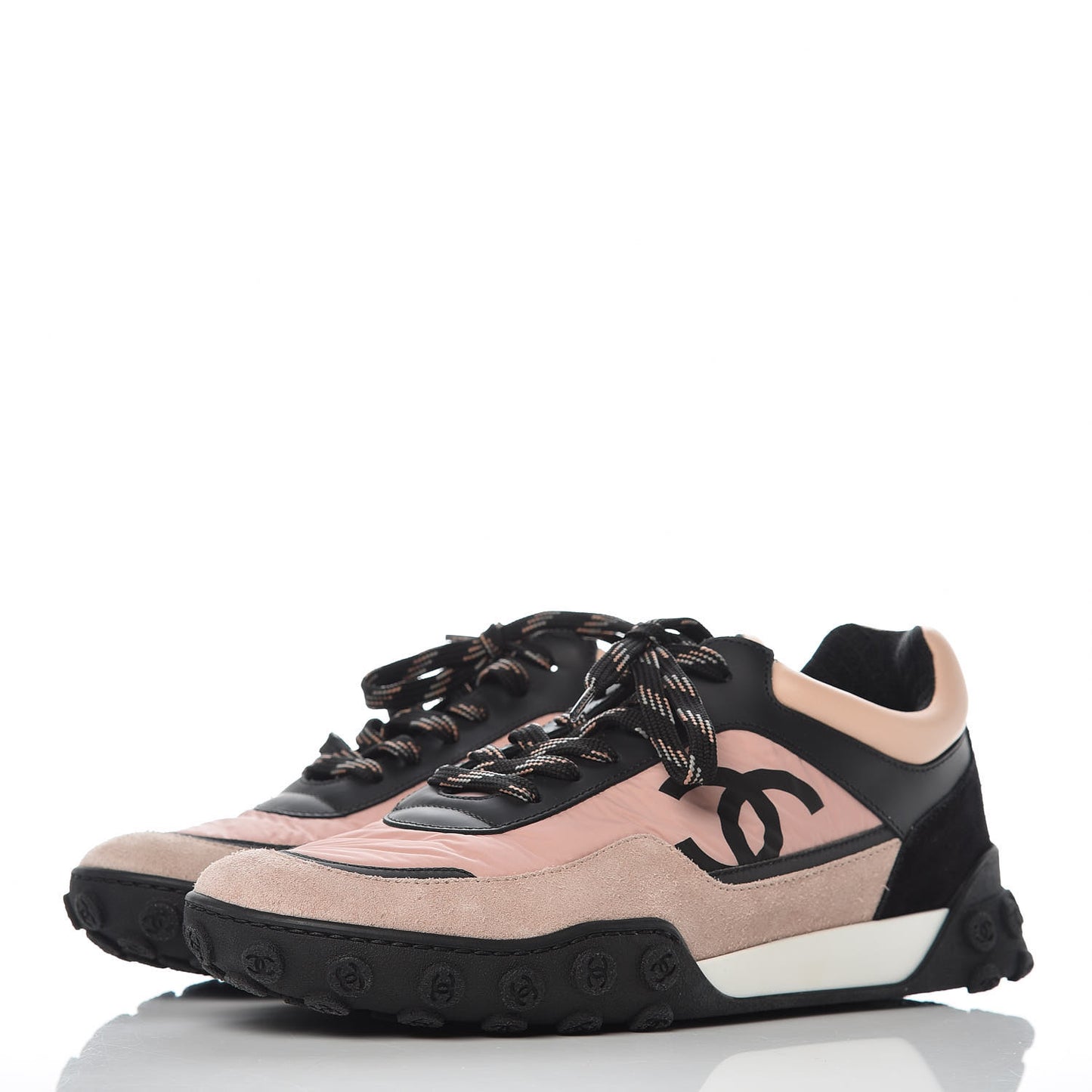 Nylon Calfskin Suede CC Womens Sneakers 37.5 Pink Black