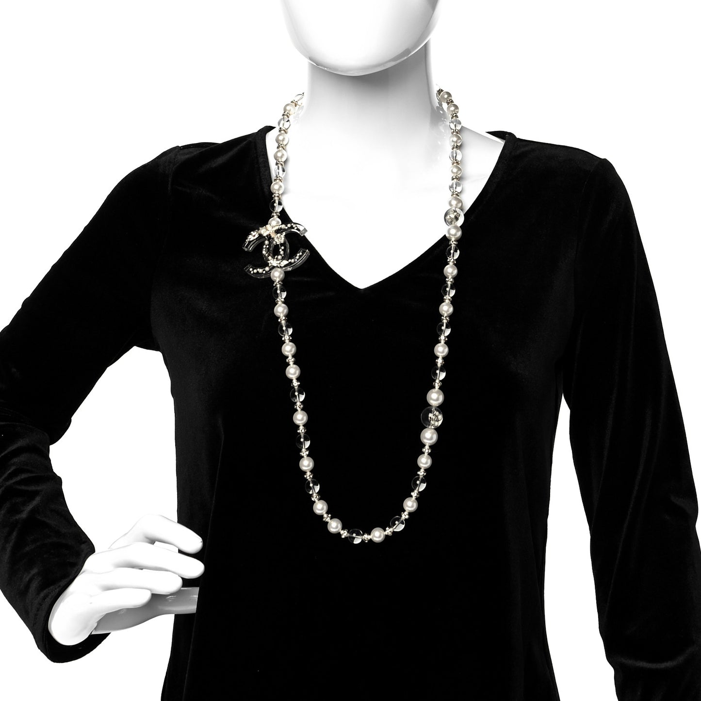 Resin Pearl Crystal CC Long Necklace Transparent Gold