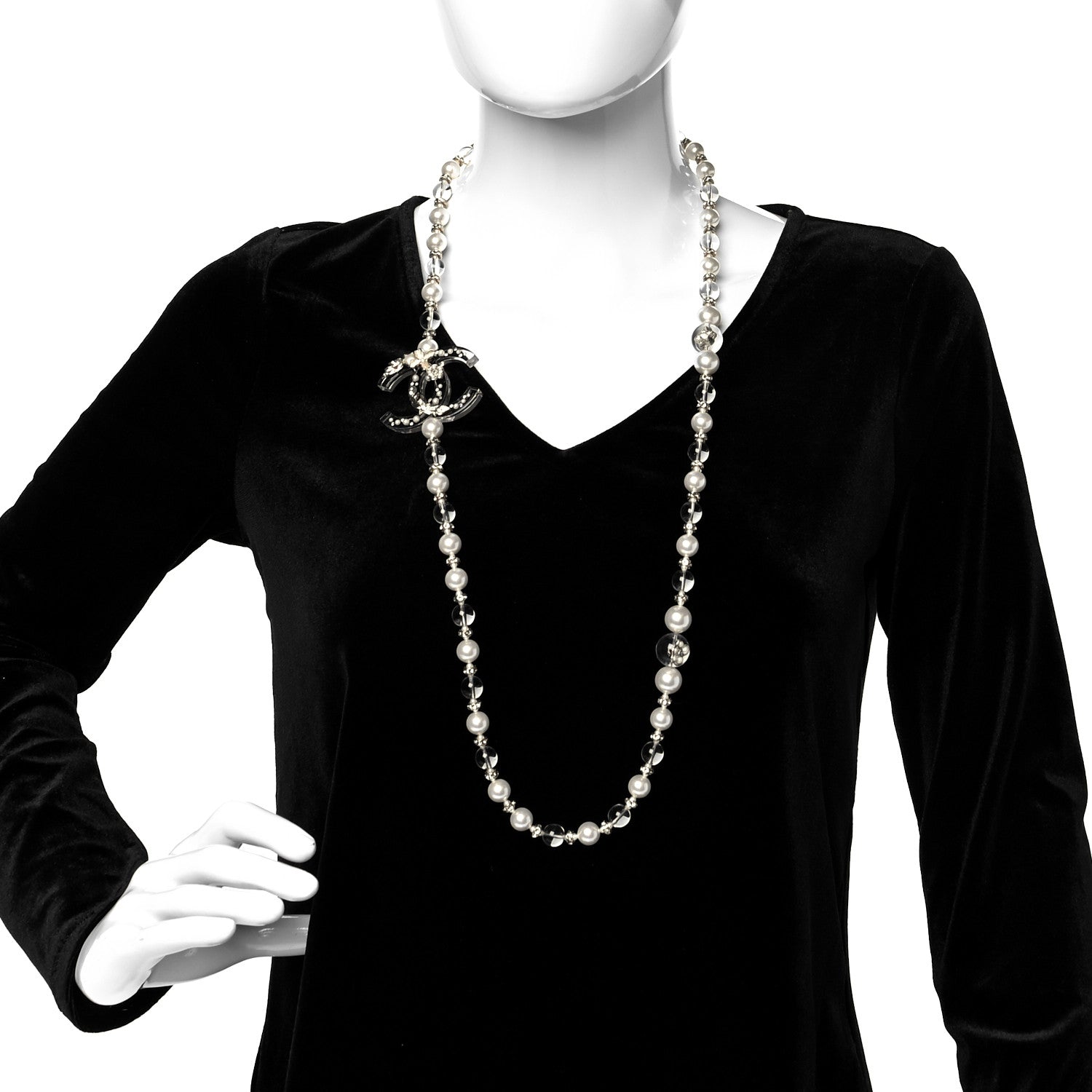 Chanel Resin Pearl Crystal CC Long Necklace Transparent Gold 2 of 5