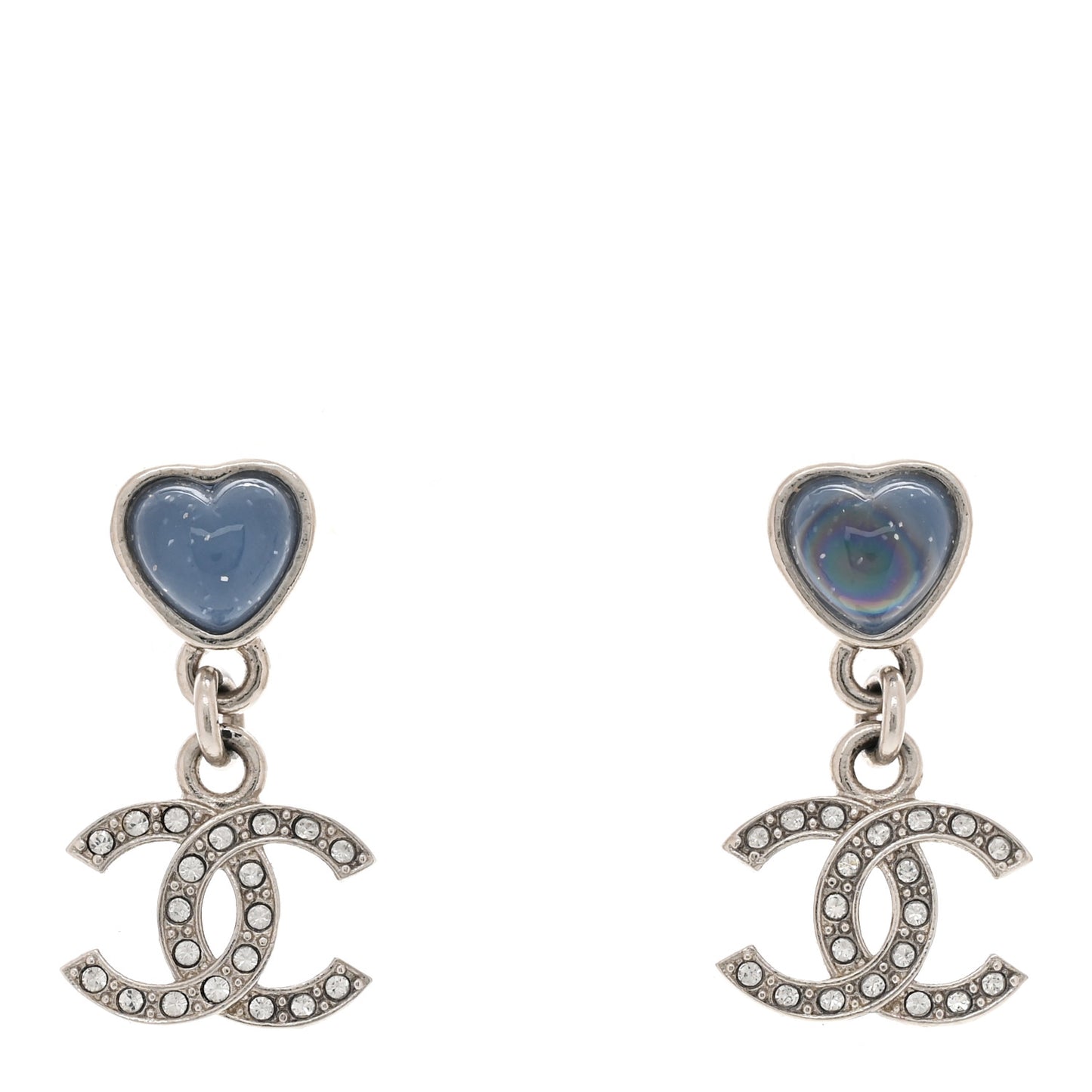 Crystal Resin CC Heart Drop Earrings Silver Blue